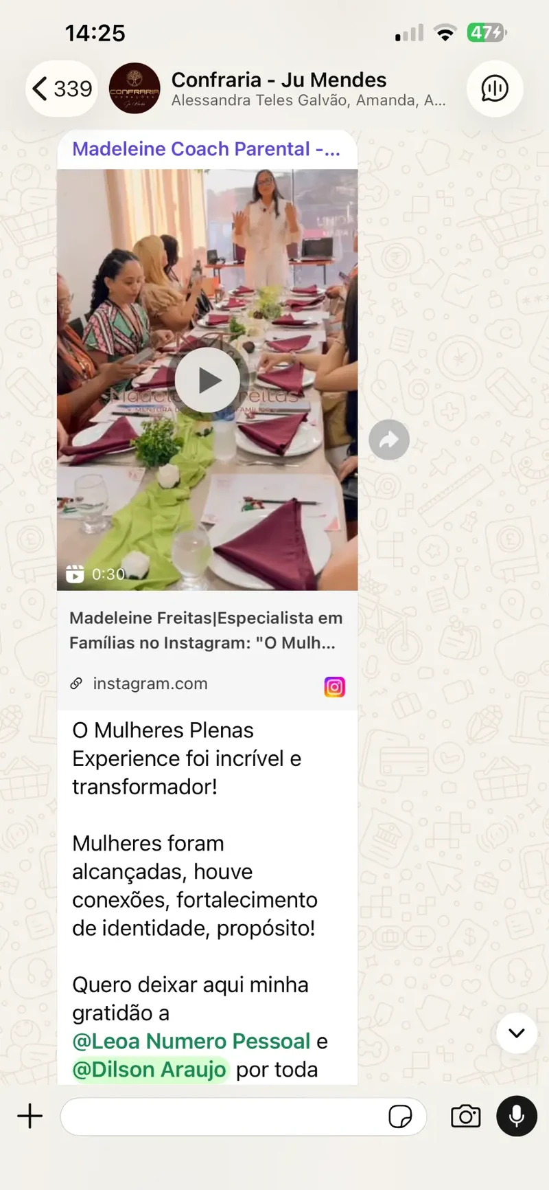 Print de depoimento de participante da Confraria