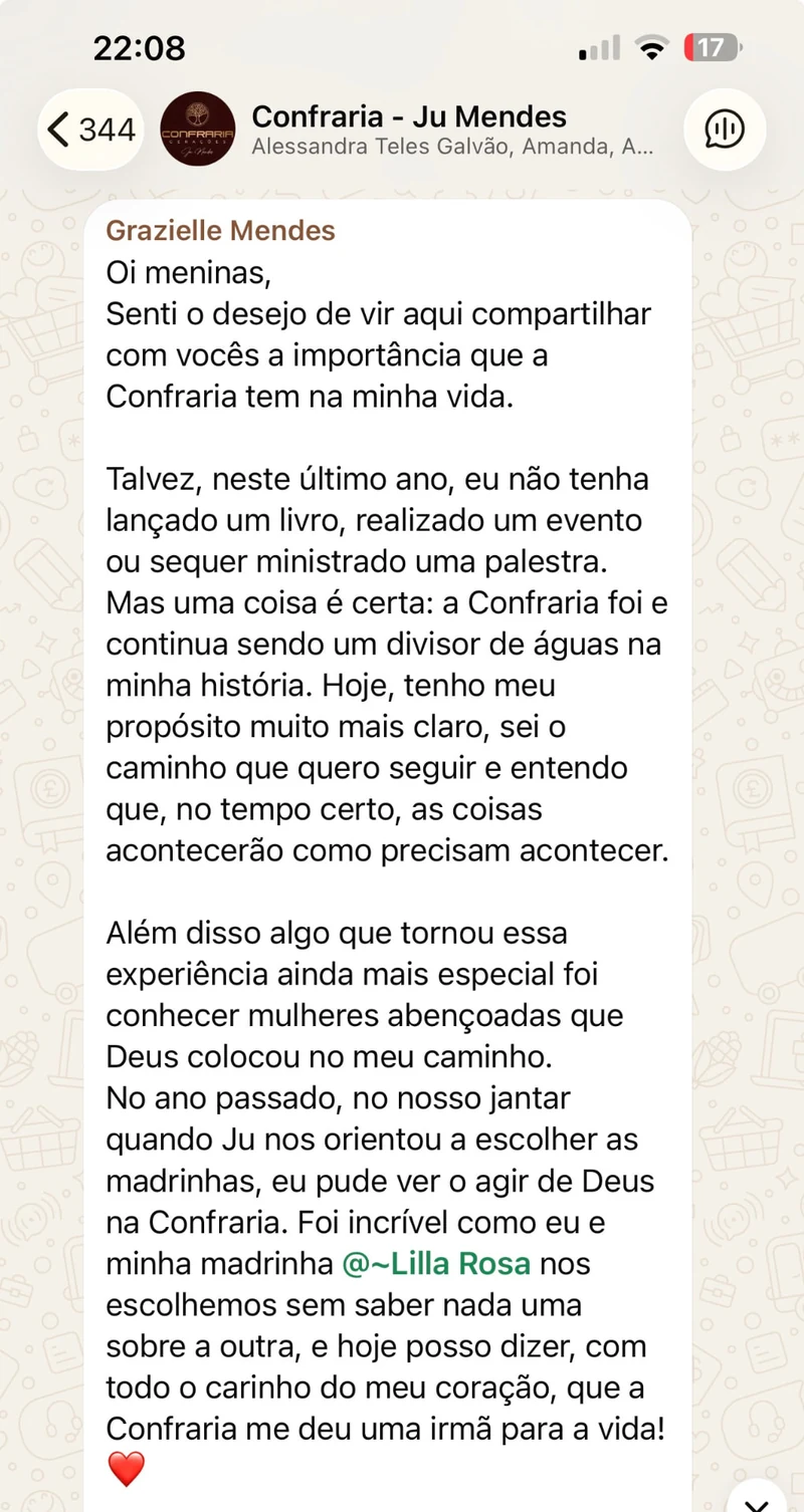 Print de depoimento de participante da Confraria
